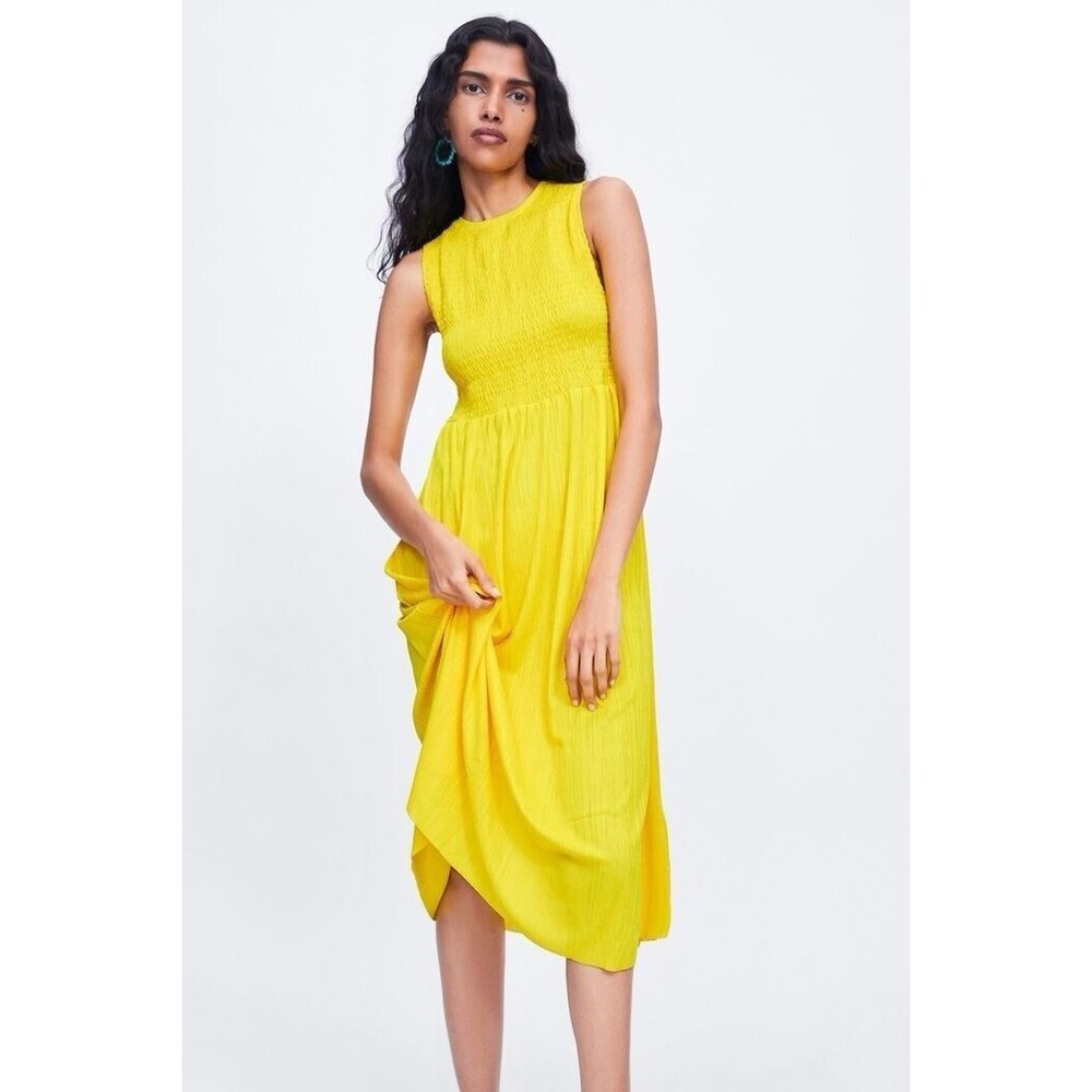 Zara Smocked Yellow Midi Dress Size M